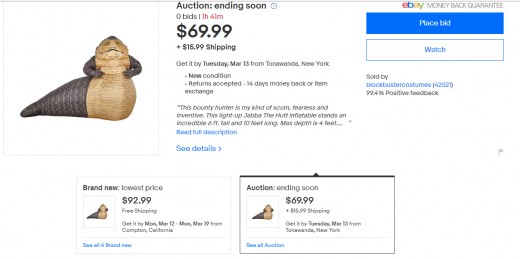 Screenshot of listings page on eBay for an inflatable Jabba The Hutt yard decoration.