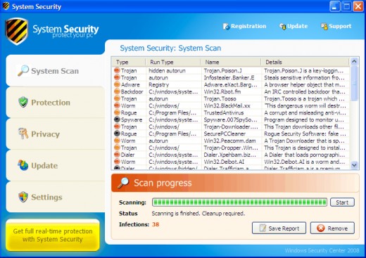 System security virus generates scary scan reports.