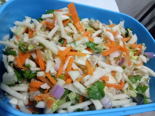 1. Combine all the ingredients in a bowl (vegetables, ground pork, seasoning)