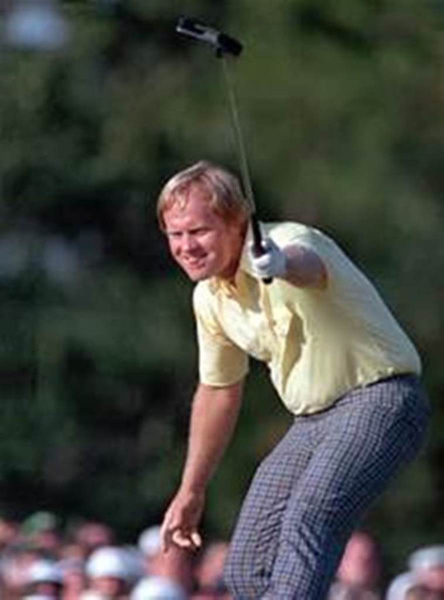 The Golden Bear: Jack Nicklaus watches his final putt go in to win the 1986 Masters at the age of 46.