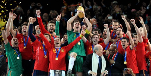 Eventual winners Spain lift the World Cup in the 2010 FIFA World Cup, South Africa