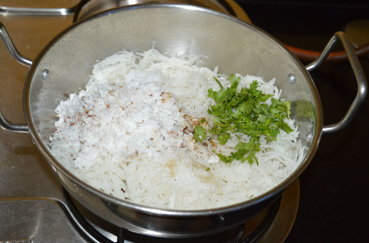 Step three: Turn off the heat. Add grated coconut, chopped coriander leaves, sugar, salt, and lemon juice. Mix well.