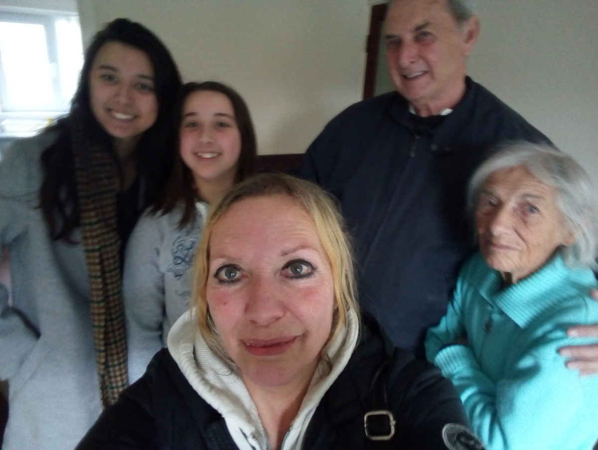 Me with my nieces Becky (far left) and Sarah, Eric and our mum, in January 2018.