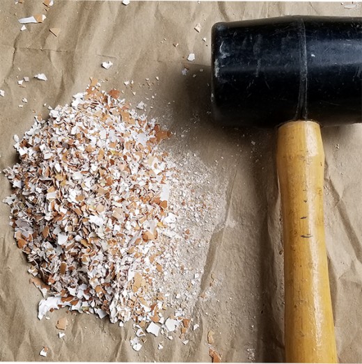 Option #4: Use a rubber mallet to pound the eggshells to crush them. NOTE: Cover the eggshells with another layer of paper before hammering, to avoid eggshell pieces from flying around.