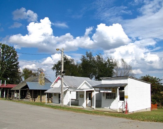 Collection of relocated old buildings across the street from the Bell School building in Adams, Tennessee, United States. The Bell cabin is located on the left side of the photo. 