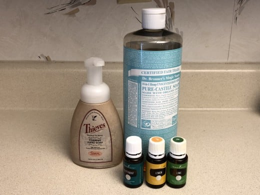 Young Living Foaming Hand Soap, Bronner's Castile unscented liquid soap, Young Living essential oils