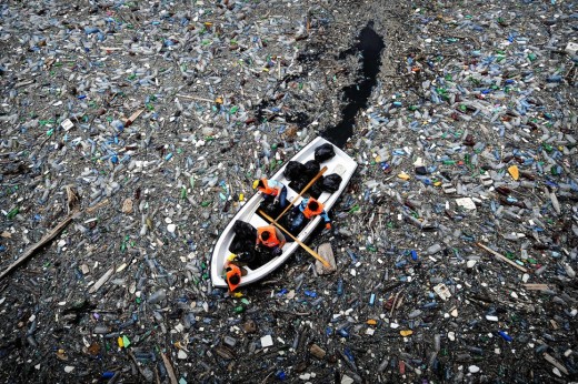 Plastic pollution blocks the Vacha Dam in Bulgaria on April 5, 2009. Single-use plastics, such as plastic water bottles and plastic bags, are the biggest contributors to the rising tide of plastic in our oceans and waterways.