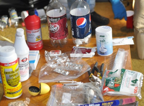 Items used in the manufacturing of methamphetamines.  This particular collection was seized in a 2013 raid in Ohio.