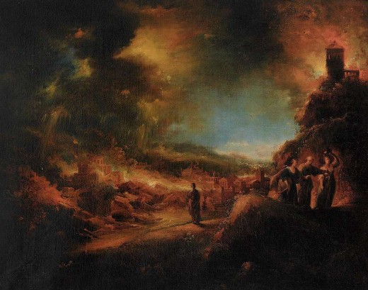 "Lot flieht mit seinen Töchtern aus dem brennenden Sodom" J.G. Trautmann {{PD-1923}} 