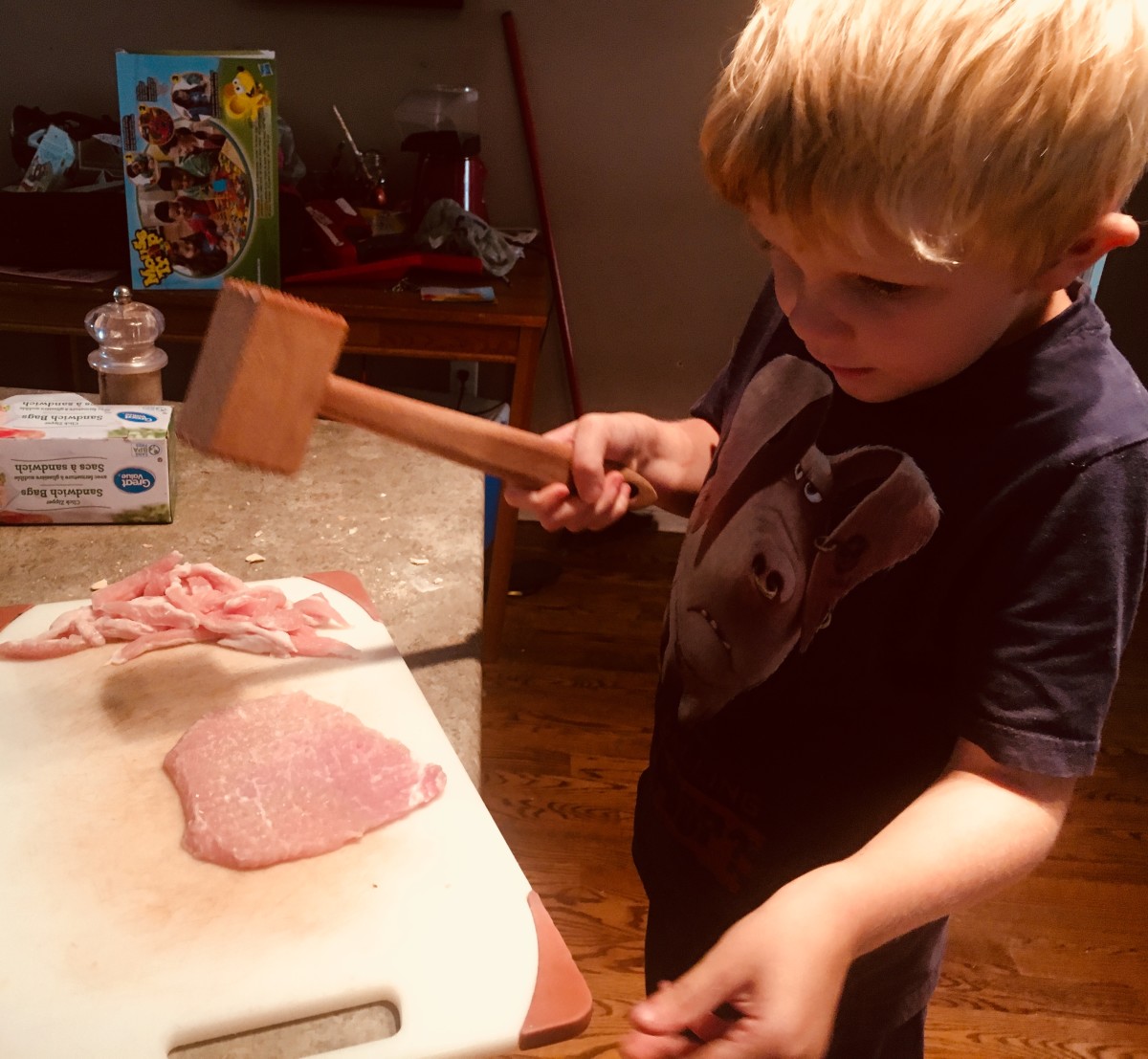 My son, making Schnitzel with me