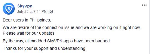 Screenshot of Sky VPN's July 26 announcement regarding connectivity issue in Philippines