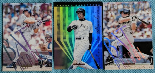 The printer lines in 1995 Leaf Limited base cards (seen on Andres Galarraga) would be frustrating for set builders, while the Bat Patrol inserts were found in every pack.