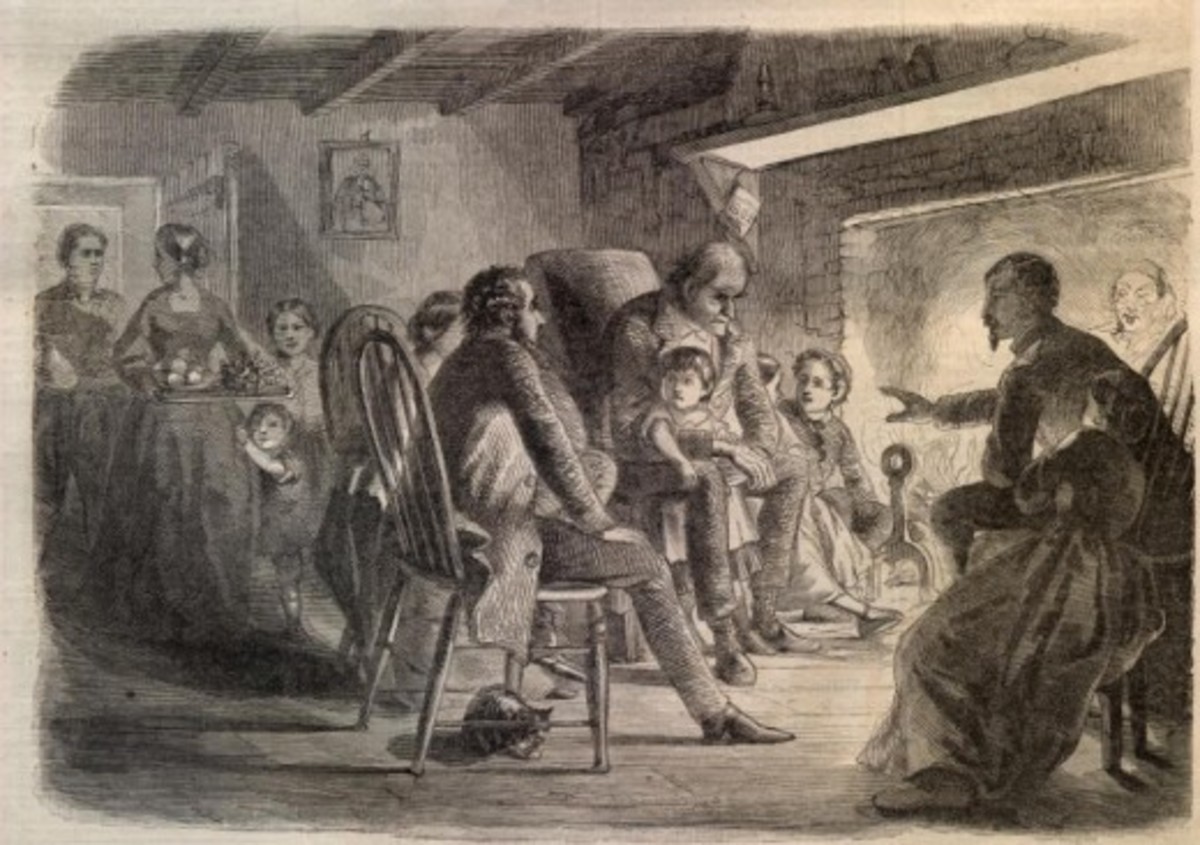 Illustration of a family gathered around the fire by a furloughed soldier
