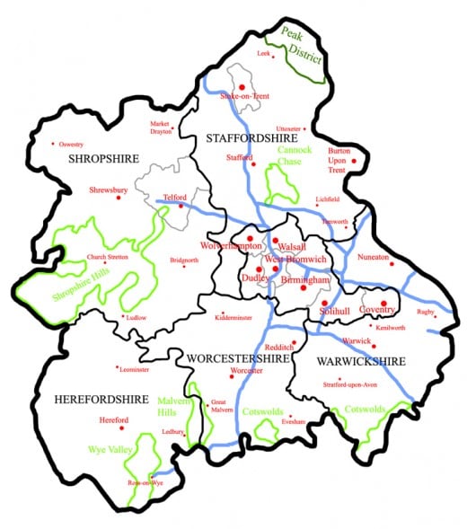 A map of the West Midlands region located in the center of England. Herefordshire has yet to participate in any of the all day bird races.