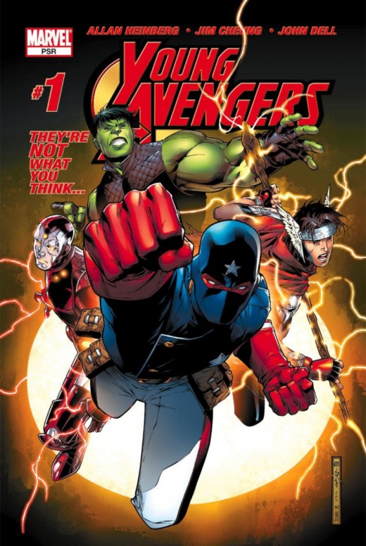 Cover to Young Avengers #1 - Debut of Hulkling, Asgardian, Patriot, Iron Lad, and Kate Bishop.
