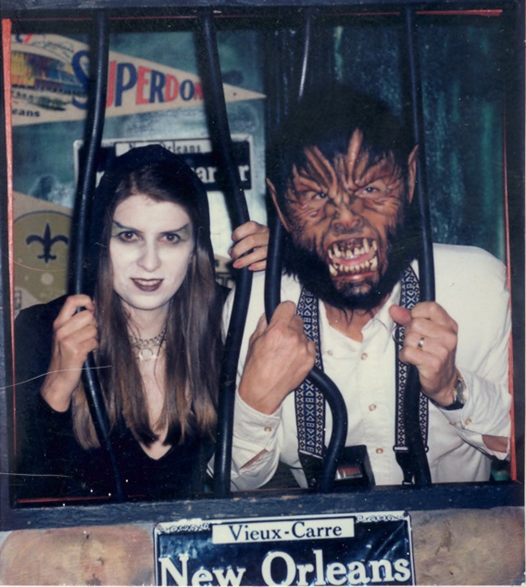 Our couples costumes on All Hallowed's Eve - a vamp and the wolfman. Everyone has their picture taken here in the French Quarter at least once in their life.