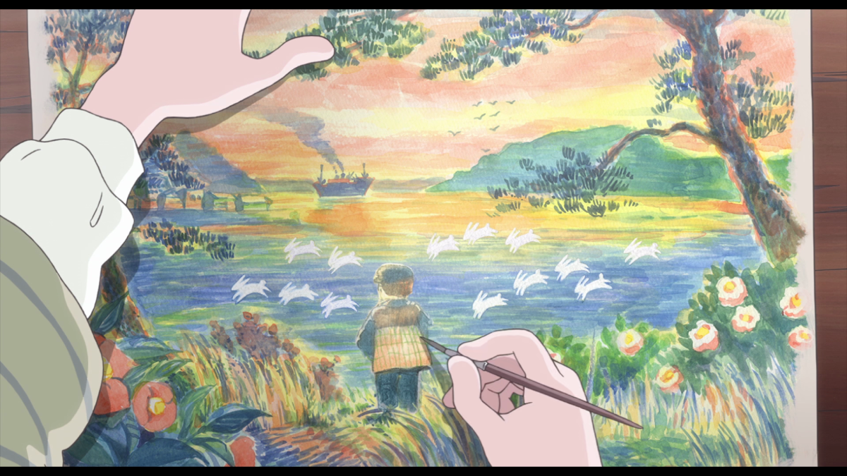 Suzu paints the scenery of a sunset by the sea, with rolling waves like white rabbits.