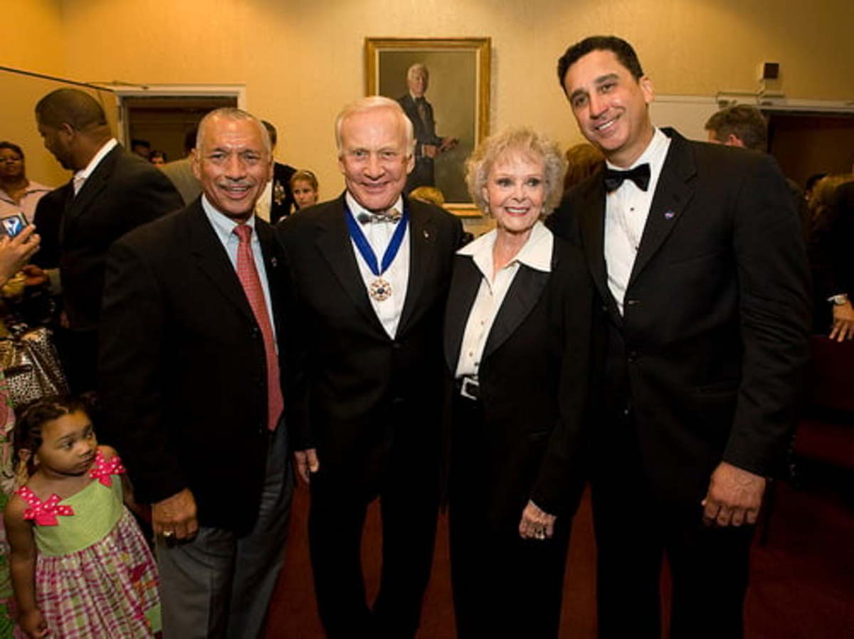 NASA Admin. Charles F. Bolden, Jr.; Apollo 11 Astronaut Buzz Aldrin; Actress June Lockhart ("Lost In Space"); and National Symphony Orchestra Conductor Emil de Cou at "Salute to Apollo" at the Kennedy Center for the Performing Arts. NASA public domai