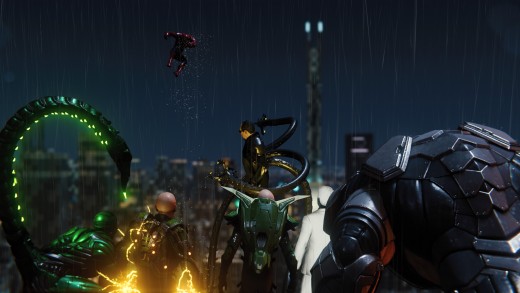 The initial gathering of The Sinister Six, after escaping The Raft maximum security facility and defeating Spider-Man.