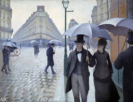 "PARIS STREET, RAINY DAY" BY CAILLEBOTTE (1877) IS IN THE ART INSTITUTE OF CHICAGO