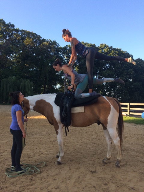 Besides all the exercise you get just working to take care of the horses, riding them and doing things like we were in this picture, vaulting, requires strength, stamina and balance. It is good exercise!