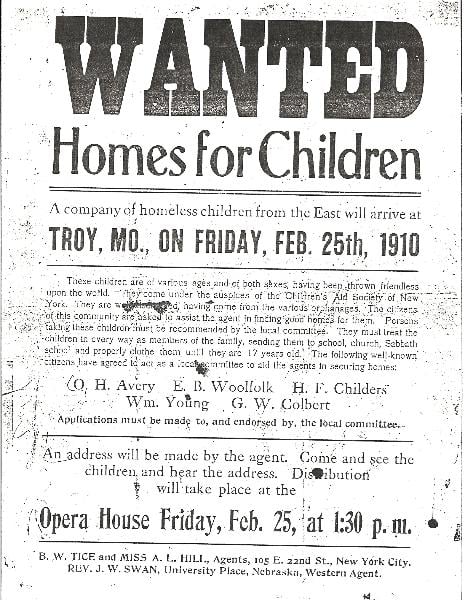 Flyer for the orphan train, soliciting adoptive families
