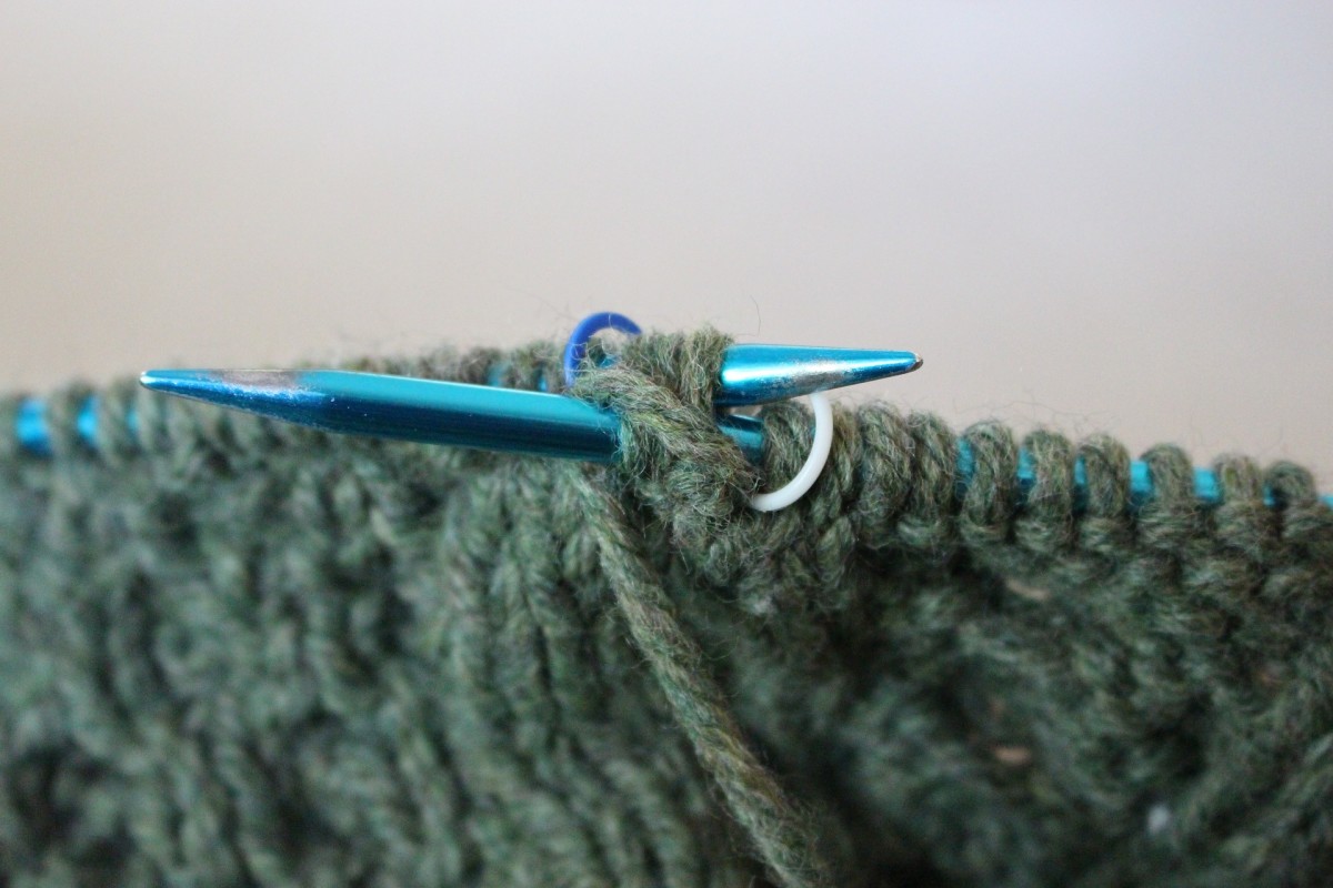Knitting with 2 straight needles adapted for gathering a string of wool or acrylic thread. The most basic stitch is knit and purl. 