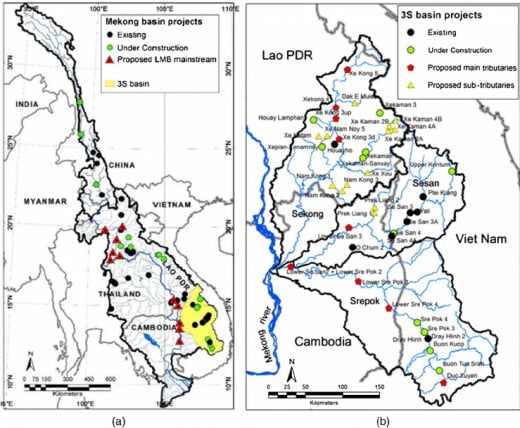 Hydropower projects in Mekong Basin: (a) existing, under construction, and proposed LMB mainstream projects; (b) existing, under construction, and proposed hydropower development in 3S basin 