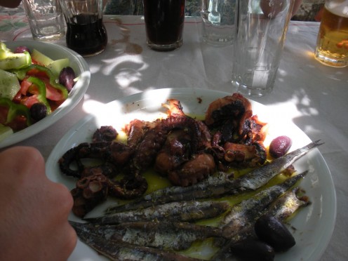Octopus and small fish, that were surprisingly very good! Even to those that had never had anything like it before. 
