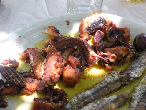 I wish I had taken the picture of the octopus when they first brought it out, rather than after everyone started having some. Still, you get the idea :)