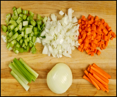 Mirepoix is the foundation of flavorful pot pie filling. Other desired vegetables can be added to your liking.