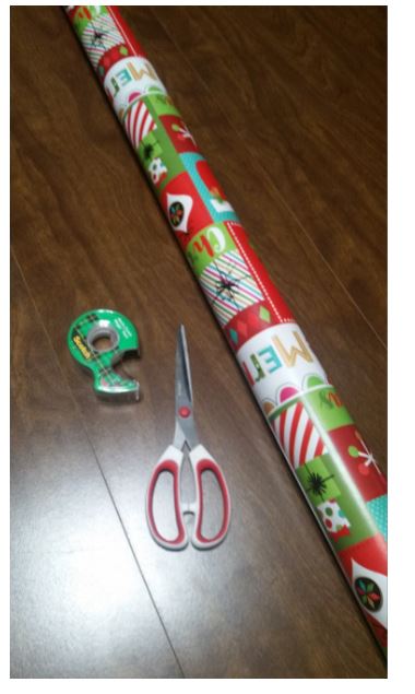 Wrapping paper, tape and scissors
