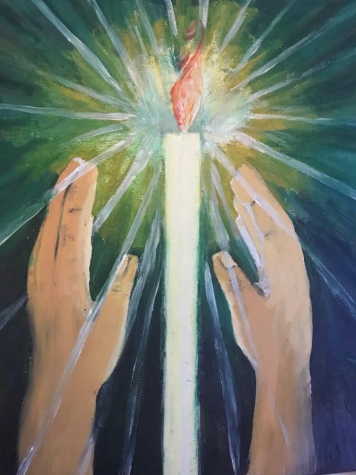 This is a painting by the author of a vision she had years after her encounter with Jesus and depicts Jesus' hands around a candle which represents the individual.  