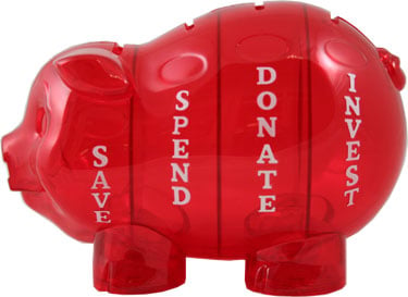 Kids modern Money Pig Piggy Bank has four chambers for save, spend, donate, and invest