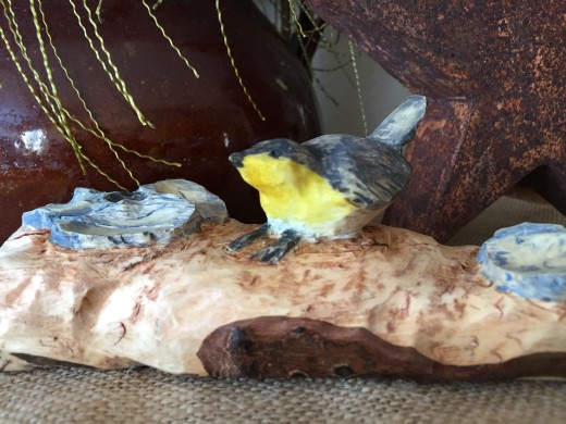 My son Cole T. Weih carved his first wren from a chunk of maple he found in my campfire woodpile.