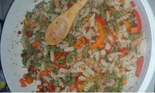 pasta salad with fresh vegetables and thawed frozen vegetables