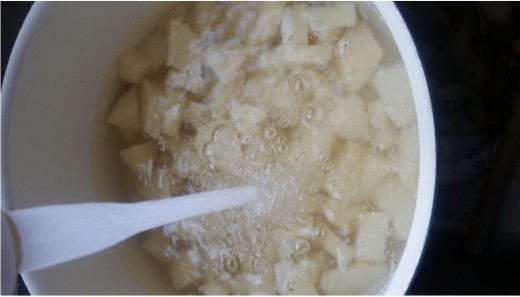 water to cover potatoes and add 1 teaspoon of salt to water to keep potatoes white