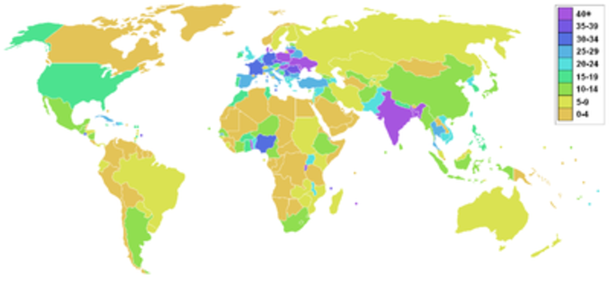World map of arable land, percentage by country (2006)