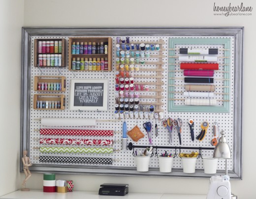 Use every inch of wall space to keep organized. Free tutorial explains how to create your own framed peg board.