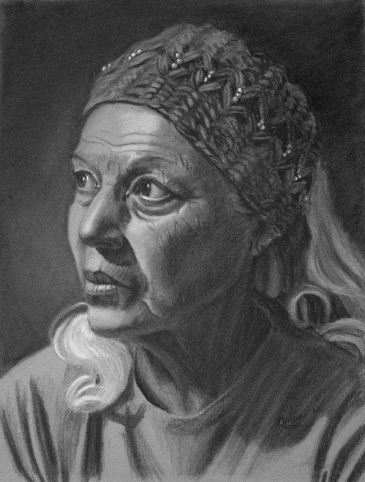 Charcoal drawing of my friend Lupe who is over 70. 