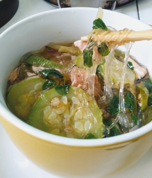 The Luscios Clear Noodles Soup with Tuna Flakes, Zucchini and Moringa.