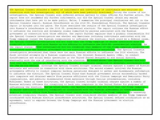 The Barr Report, pg.2 The yellow highlight is where Barr refers to himself. The green highlight is how many times he says Trump is not involved.