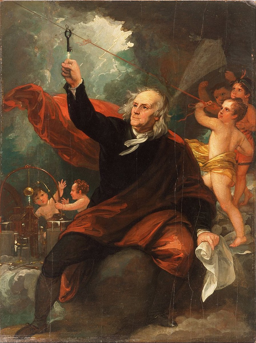 Depiction of Benjamin Franklin harnessing the power of lightning. 