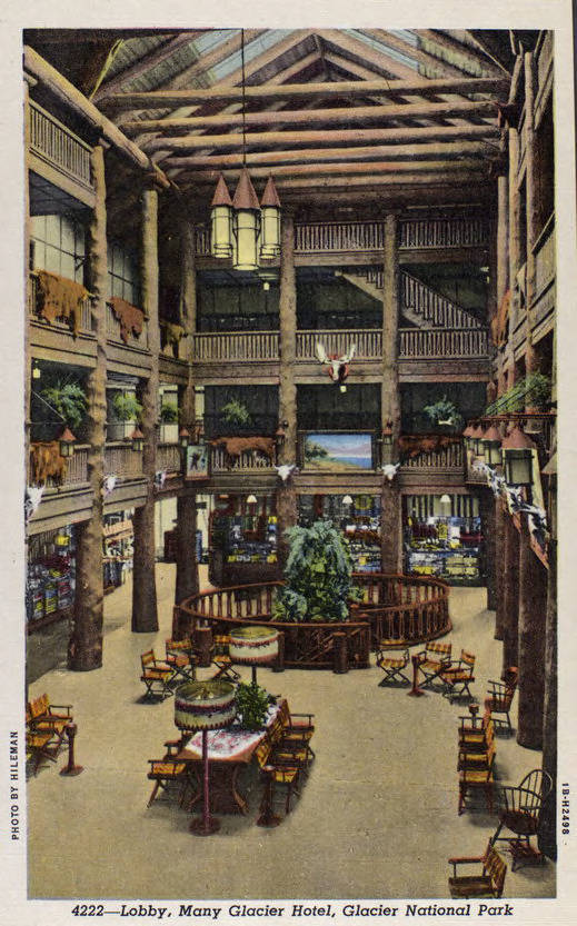 Postcard view of the main lobby of the Many Glacier Hotel in Glacier National Park, 1941