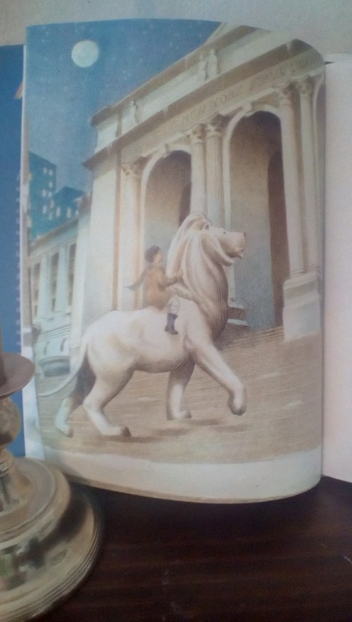 One of the iconic lions from the New York City Library takes the little boy on a magical trip to the library