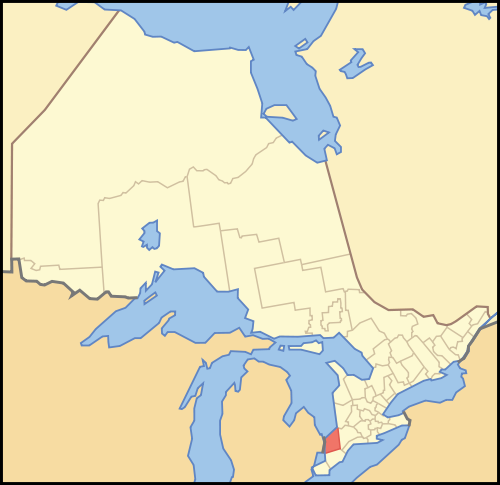 A map of Ontario highlighting Lambton County