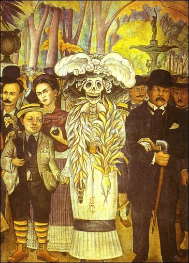 The famous Mexican muralist, Diego Rivera, included both Catrina and her creator, Jose Guadalupe Posada in his mural "A Dream of a Sunday Afternoon at Alameda Park."