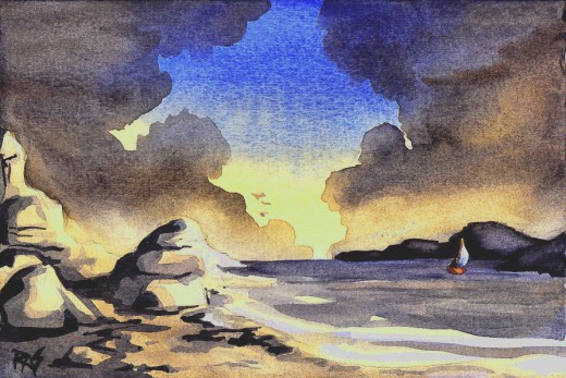 "Sail Away," watercolor, 5" x 7" painted by Robert A. Sloan. Writing is a voyage into a wonderful place... the inside of your own mind. No one knows you as well as you do. But they'll know you better and like you more when you bring out everything co