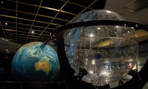 Abrams Planetarium lobby showing terrestrial and celestial globes