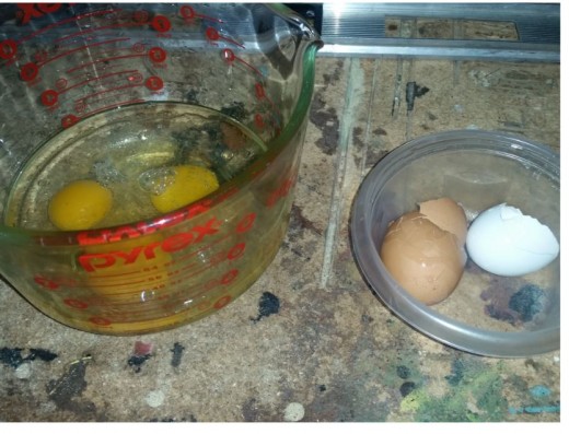 three eggs, 1/2 cup oil, 1 cup water